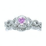 14K White Gold Pink Sapphire with Diamond Halo and Diamond Guard Wedding Set