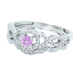14K White Gold Pink Sapphire with Diamond Halo and Diamond Guard Wedding Set