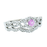 14K White Gold Pink Sapphire with Diamond Halo and Diamond Guard Wedding Set