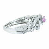 14K White Gold Pink Sapphire with Diamond Halo and Diamond Guard Wedding Set