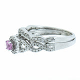 14K White Gold Pink Sapphire with Diamond Halo and Diamond Guard Wedding Set