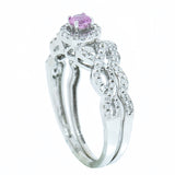 14K White Gold Pink Sapphire with Diamond Halo and Diamond Guard Wedding Set