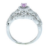 14K White Gold Pink Sapphire with Diamond Halo and Diamond Guard Wedding Set