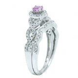 14K White Gold Pink Sapphire with Diamond Halo and Diamond Guard Wedding Set
