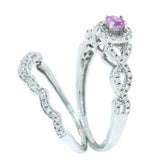 14K White Gold Pink Sapphire with Diamond Halo and Diamond Guard Wedding Set