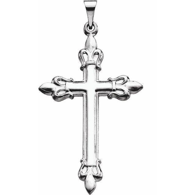 14K or Sterling Silver Fleur-de-lis Cross Pendant 35 x 23mm