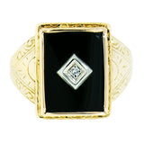 0.03 ct Diamond 10K Gold Mens Vintage Hand Engraved Onyx Ring
