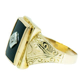 0.03 ct Diamond 10K Gold Mens Vintage Hand Engraved Onyx Ring