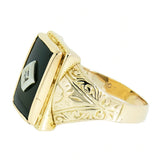 0.03 ct Diamond 10K Gold Mens Vintage Hand Engraved Onyx Ring