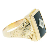 0.03 ct Diamond 10K Gold Mens Vintage Hand Engraved Onyx Ring