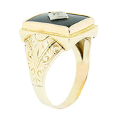 0.03 ct Diamond 10K Gold Mens Vintage Hand Engraved Onyx Ring