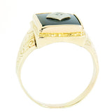 0.03 ct Diamond 10K Gold Mens Vintage Hand Engraved Onyx Ring