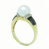 10K Gold Ladies Pearl, Diamond and Onyx Ring