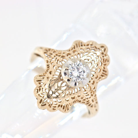 14K Yellow Gold Vintage Ladies 0.28 ct Diamond Filigree Ring