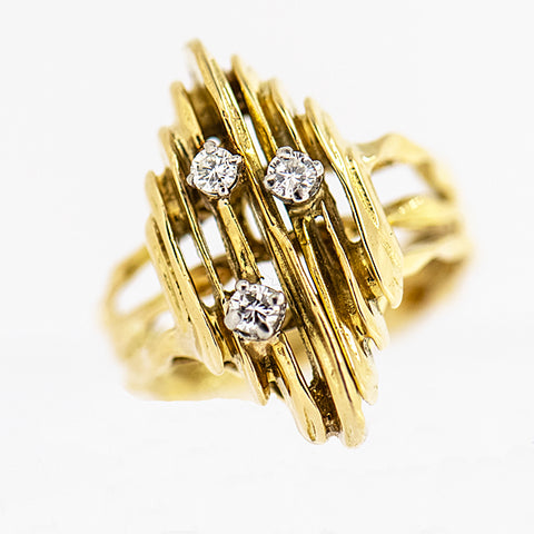 18K Yellow Gold 3 Diamond 0.15 ctw Free Style Designer Ring