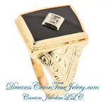 0.03 ct Diamond 10K Gold Mens Vintage Hand Engraved Onyx Ring