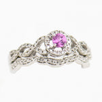 14K White Gold Pink Sapphire with Diamond Halo and Diamond Guard Wedding Set