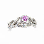 14K White Gold Pink Sapphire with Diamond Halo and Diamond Guard Wedding Set