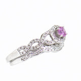 14K White Gold Pink Sapphire with Diamond Halo and Diamond Guard Wedding Set