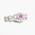 14K White Gold Pink Sapphire with Diamond Halo and Diamond Guard Wedding Set