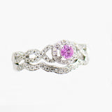 14K White Gold Pink Sapphire with Diamond Halo and Diamond Guard Wedding Set