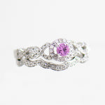 14K White Gold Pink Sapphire with Diamond Halo and Diamond Guard Wedding Set