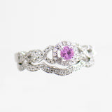 14K White Gold Pink Sapphire with Diamond Halo and Diamond Guard Wedding Set