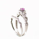 14K White Gold Pink Sapphire with Diamond Halo and Diamond Guard Wedding Set