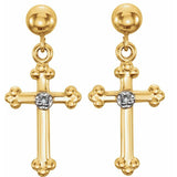 14K Gold Diamond Cross and Ball Earrings