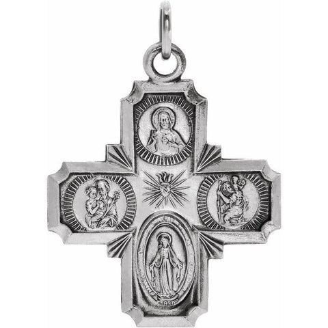 14K or Sterling Silver Patron Saint Four-Way Cross Medal in several sizes
