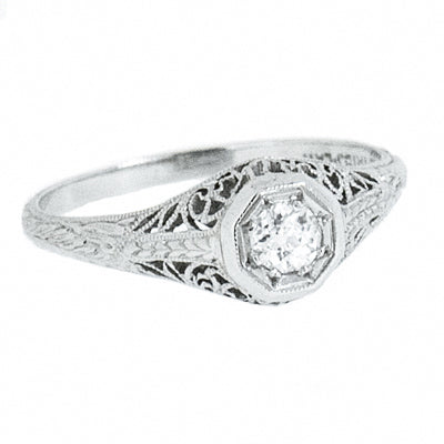 Platinum Ladies Vintage Filigree 1/4 Carat Round Diamond Engagement Ring
