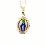 14K Gold Oval Hand Painted Porcelain Miraculous Medal with 14K 1mm Cable Chain