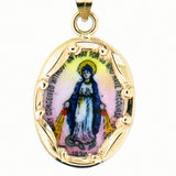 14K Gold Oval Hand Painted Porcelain Miraculous Medal with 14K 1mm Cable Chain