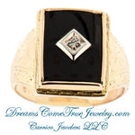 0.03 Ct Vintage Mens Hand Engraved Onyx and Diamond Ring